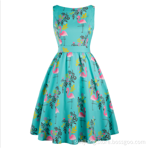 Womens flower printed lady vintage 50s sleeveless dress